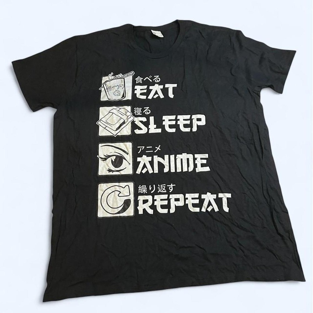 Otaku T-Shirt Black Eat Sleep Anime Repeat Graphic Top Size XL Casual Men's